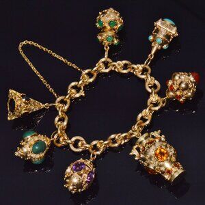 Estate Italian Etruscan Solid 18K Gold Citrine Turquoise Charm Fob Bracelet